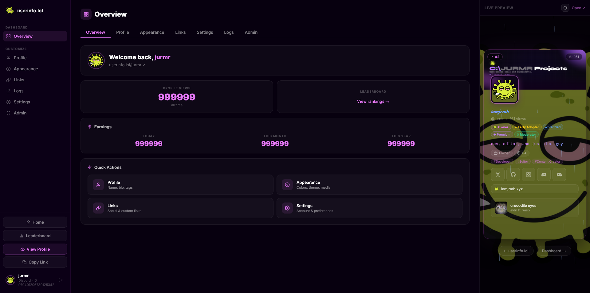 userinfo.lol dashboard preview